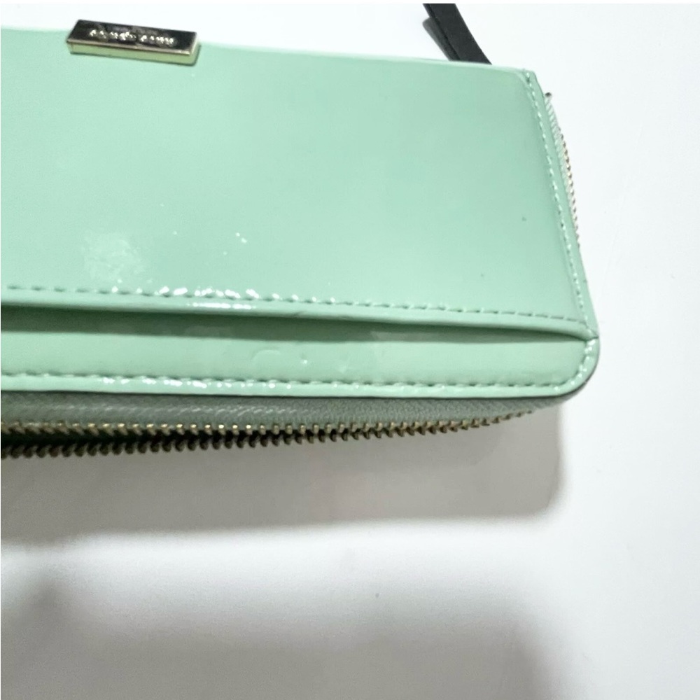 Kate Spade Patent Leather Long Zip Wallet Mint Green With Black Bow - Picture 8 of 9